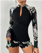 Conjunto Praia Shortinho Manga Longa Com Zíper Floral