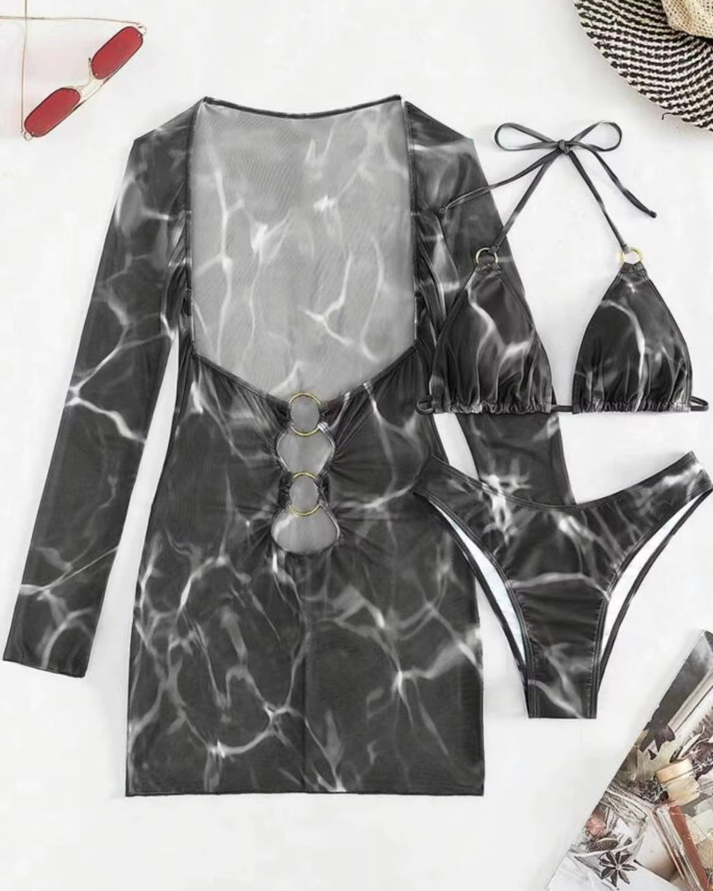 Biquíni Cortininha + Vestido Transparente E Argolas