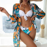Biquíni + Saída Kimono Estampado Com Top Laço Frontal