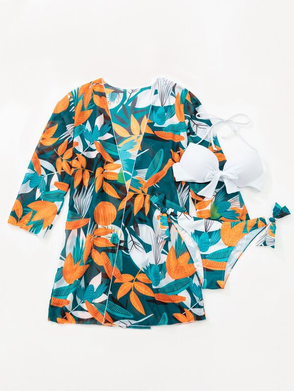 Biquíni + Saída Kimono Estampado Com Top Laço Frontal