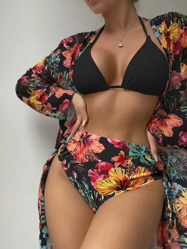 Biquíni + Saída Kimono Floral Com Calcinha Cintura Alta