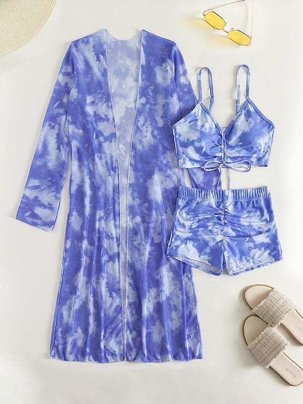 Conjunto Praia Top Franzido Com Short E Kimono Estampado