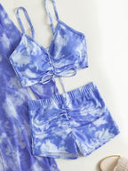 Conjunto Praia Top Franzido Com Short E Kimono Estampado