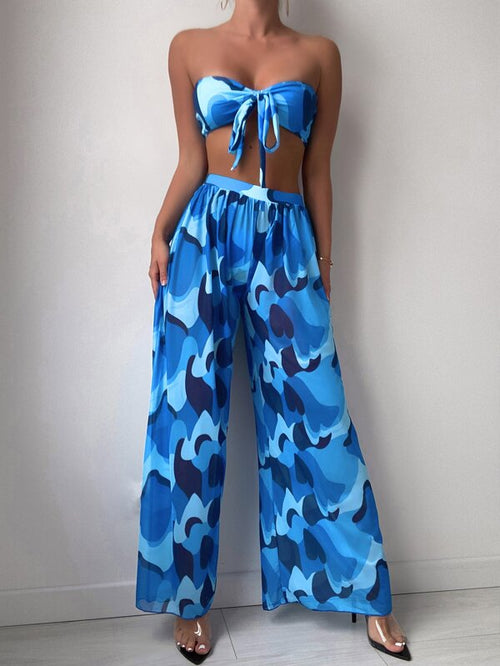 Biquíni + Saída Calça Pantalona Com Top Faixa Estampado