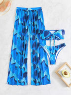 Biquíni + Saída Calça Pantalona Com Top Faixa Estampado