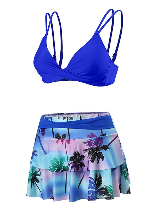 Conjunto Praia Saia Curta Com Top Transpassado Estampado