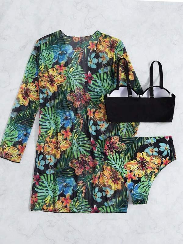 Biquíni + Saída de Praia Meia Taça Estampado Tropical