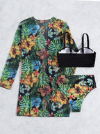 Biquíni + Saída de Praia Meia Taça Estampado Tropical