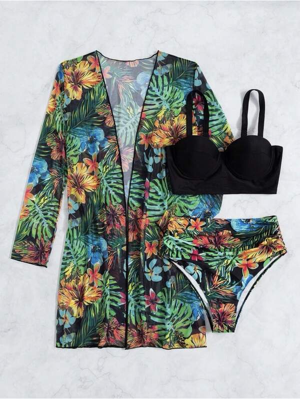 Biquíni + Saída de Praia Meia Taça Estampado Tropical