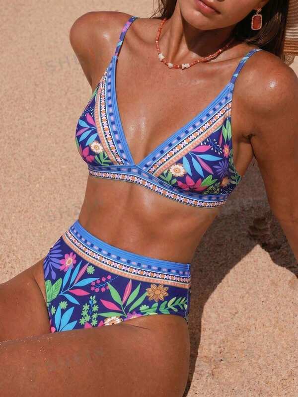 Biquíni Estampado Decote V Com Top Transpassado E Cintura Alta