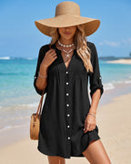 Saída de Praia Chemise Com Botões Manga 3/4 Elegante