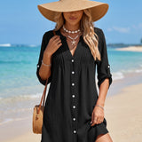 Saída de Praia Chemise Com Botões Manga 3/4 Elegante