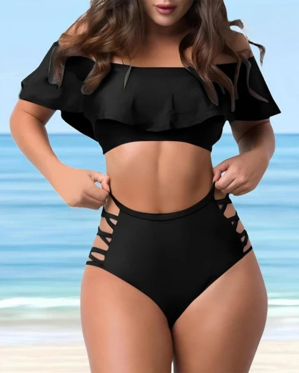 Biquíni Top Cropped Com Babado E Calcinha Cintura Alta Vazado