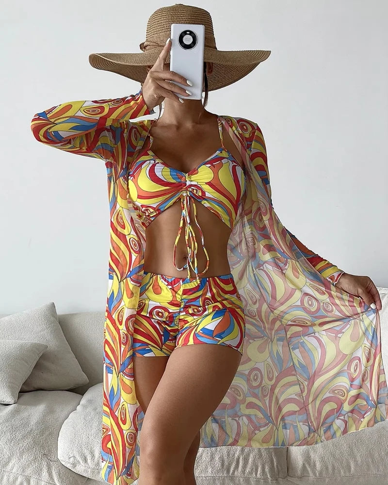 Conjunto Praia 3 Peças Com Short + Saída Longa Estampada