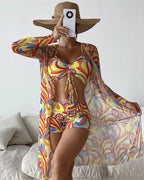 Conjunto Praia 3 Peças Com Short + Saída Longa Estampada