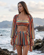 Conjunto Biquíni + Saída + Short Estampa Étnica 4 Peças