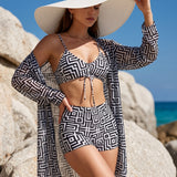 Conjunto Top Com Short Estampa Geométrica + Saída Longa