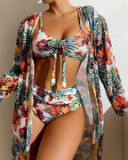 Biquíni + Saída Kimono Estampado Com Amarração e Calcinha Alta
