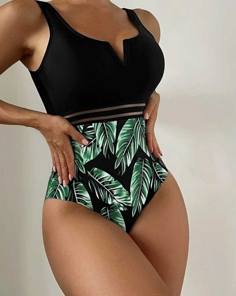 Maiô Modelador Com Recorte Em Tule E Estampa Tropical