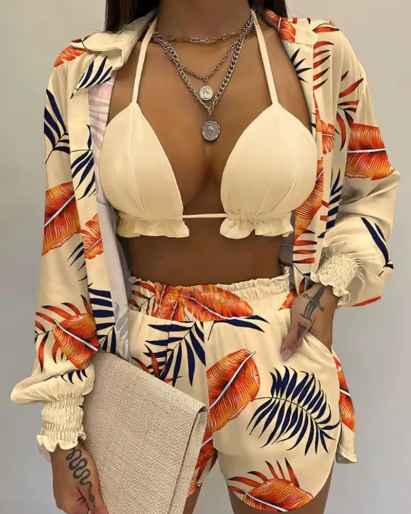 Conjunto Biquíni + Saída Short E Camisa Estampada Tropical
