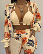 Conjunto Biquíni + Saída Short E Camisa Estampada Tropical