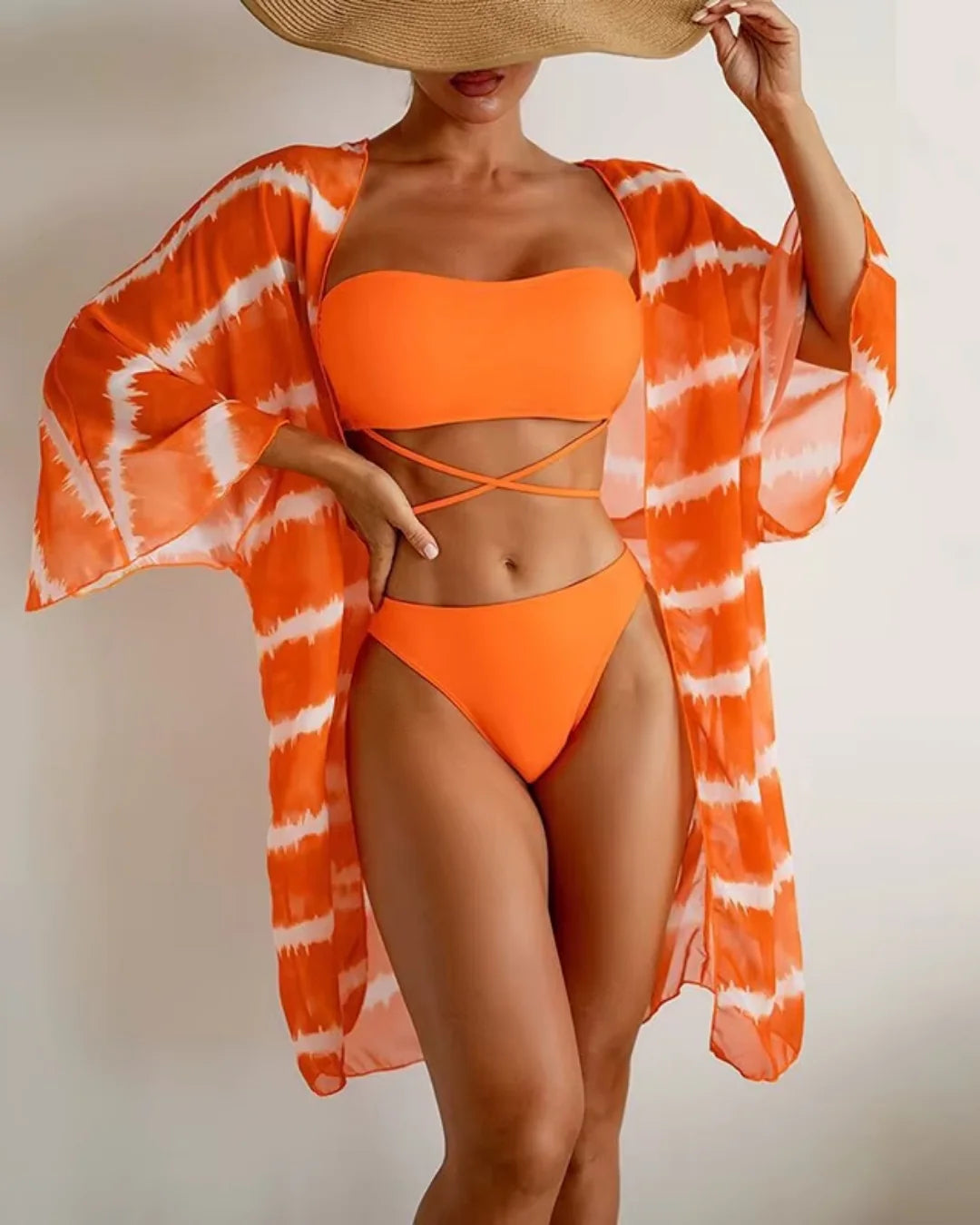 Biquíni + Saída Kimono Estampada Com Top Faixa E Tiras