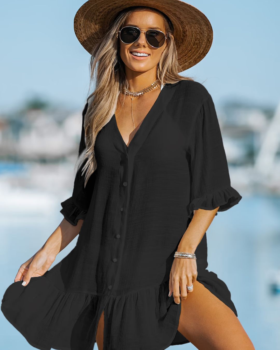 Saída de Praia Chemise Curta Com Botões E Babado Barra