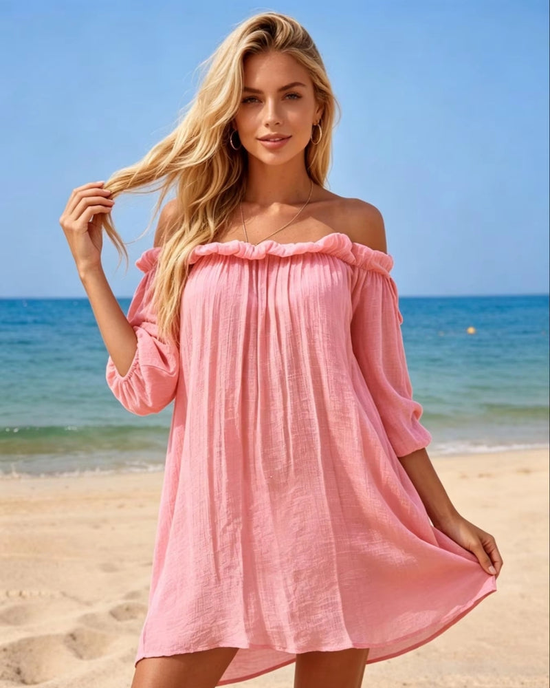 Saída de Praia Chemise Oversized Com Manga Bufante E Fendas