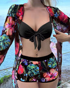 Conjunto Praia Com Biquíni Shorts + Saída Floral