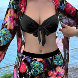 Conjunto Praia Com Biquíni Shorts + Saída Floral