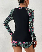 Conjunto Praia Shortinho Manga Longa Com Zíper Floral