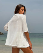 Conjunto Praia Camisa E Shorts Em Tricô Vazado Leve