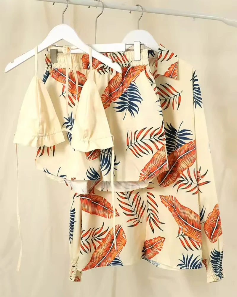 Conjunto Biquíni + Saída Short E Camisa Estampada Tropical