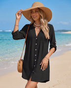 Saída de Praia Chemise Com Botões Manga 3/4 Elegante