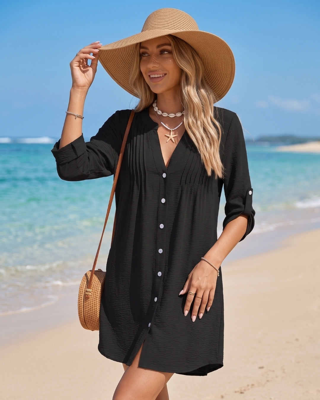 Saída de Praia Chemise Com Botões Manga 3/4 Elegante