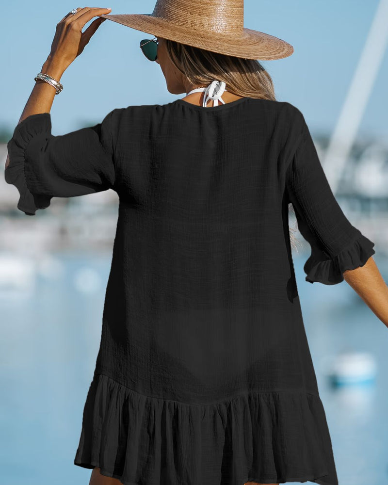 Saída de Praia Chemise Curta Com Botões E Babado Barra