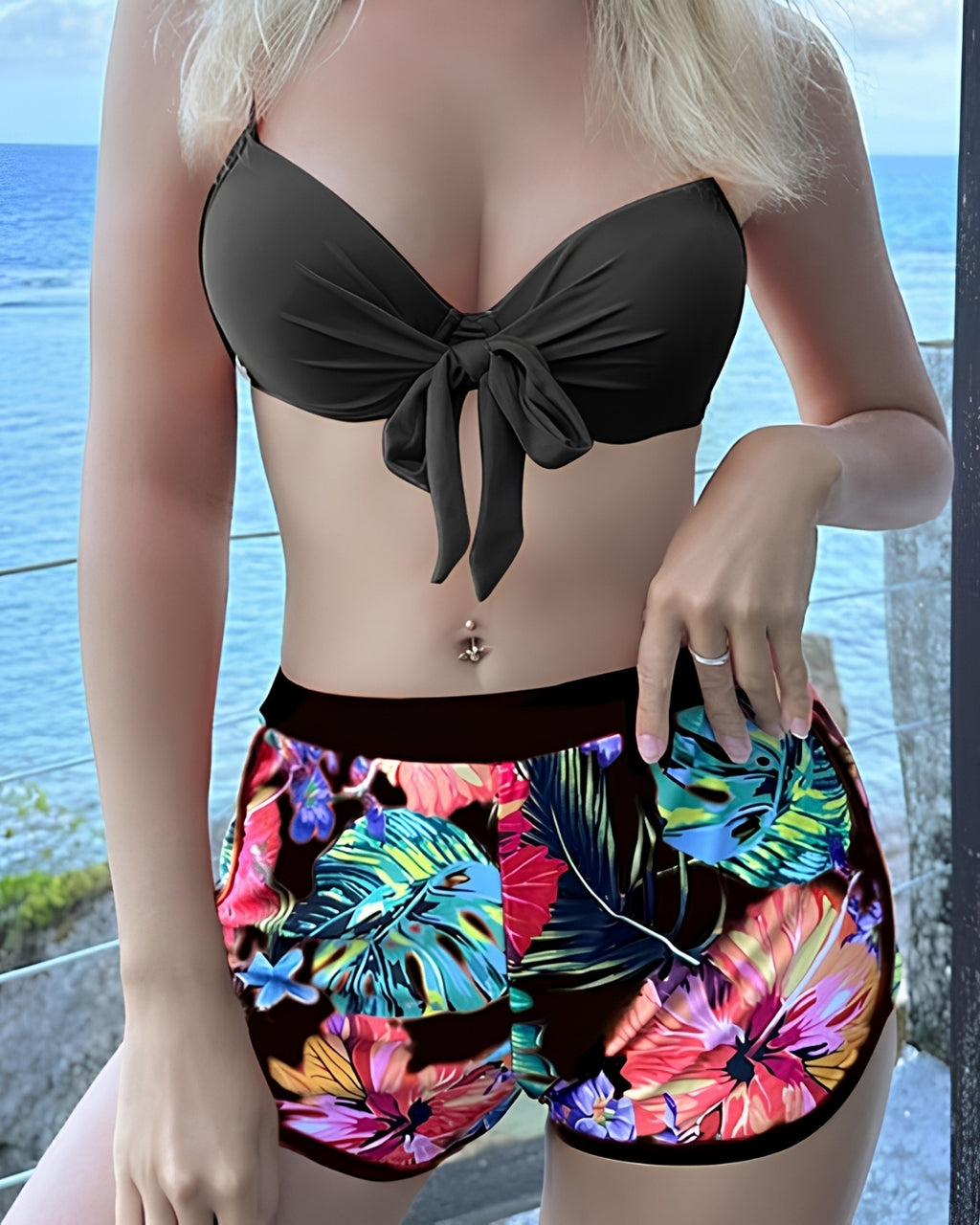 Conjunto Praia Com Biquíni Shorts + Saída Floral