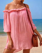 Saída de Praia Chemise Oversized Com Manga Bufante E Fendas
