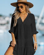 Saída de Praia Chemise Curta Com Botões E Babado Barra