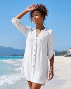 Saída de Praia Chemise Com Botões Manga 3/4 Elegante