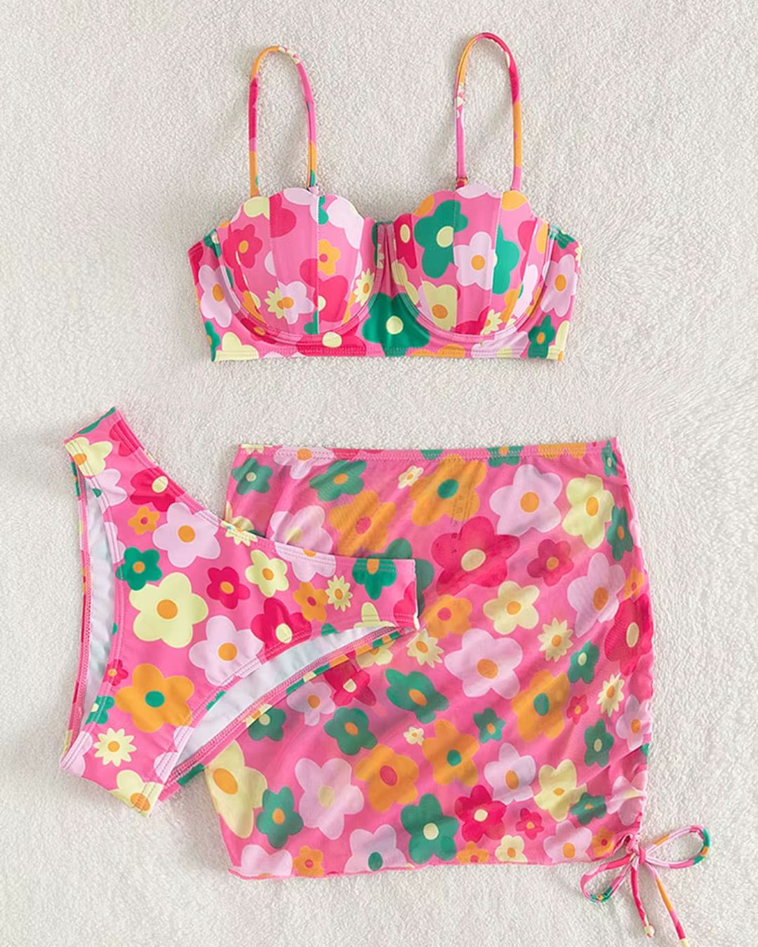 Biquíni + Saia Floral Com Top Meia Taça Estruturado