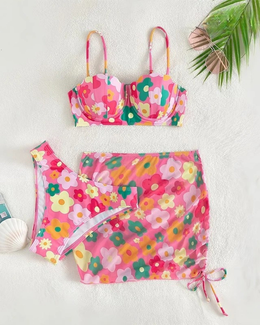 Biquíni + Saída Saia Curta Estampada Com Top Meia Taça