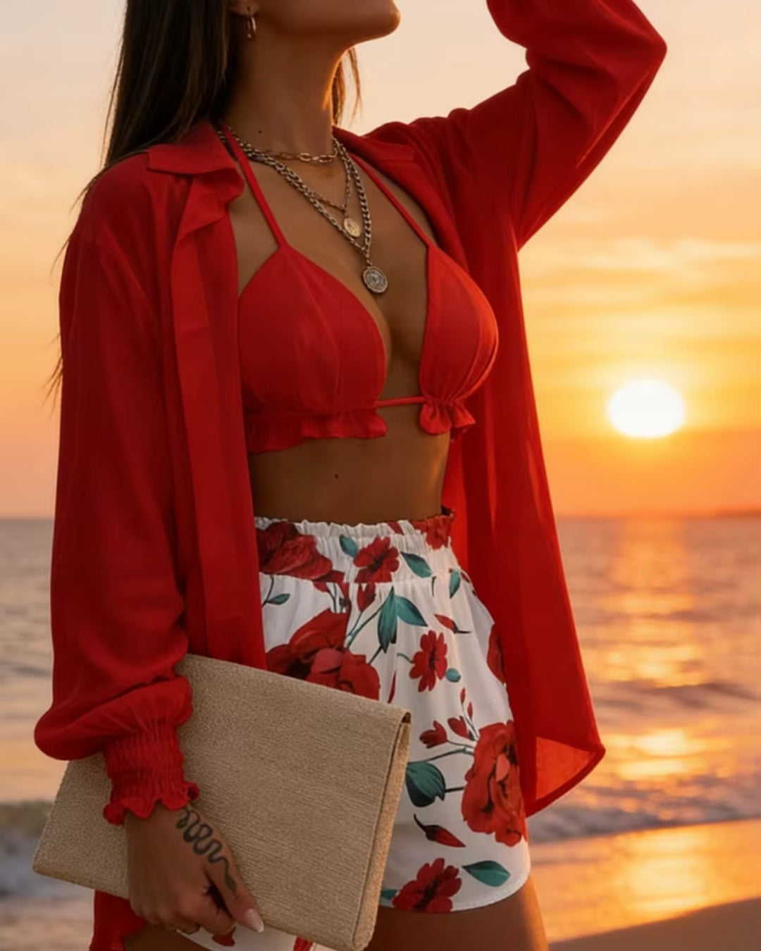 Conjunto Praia Shortinho + Kimono Estampado Resort