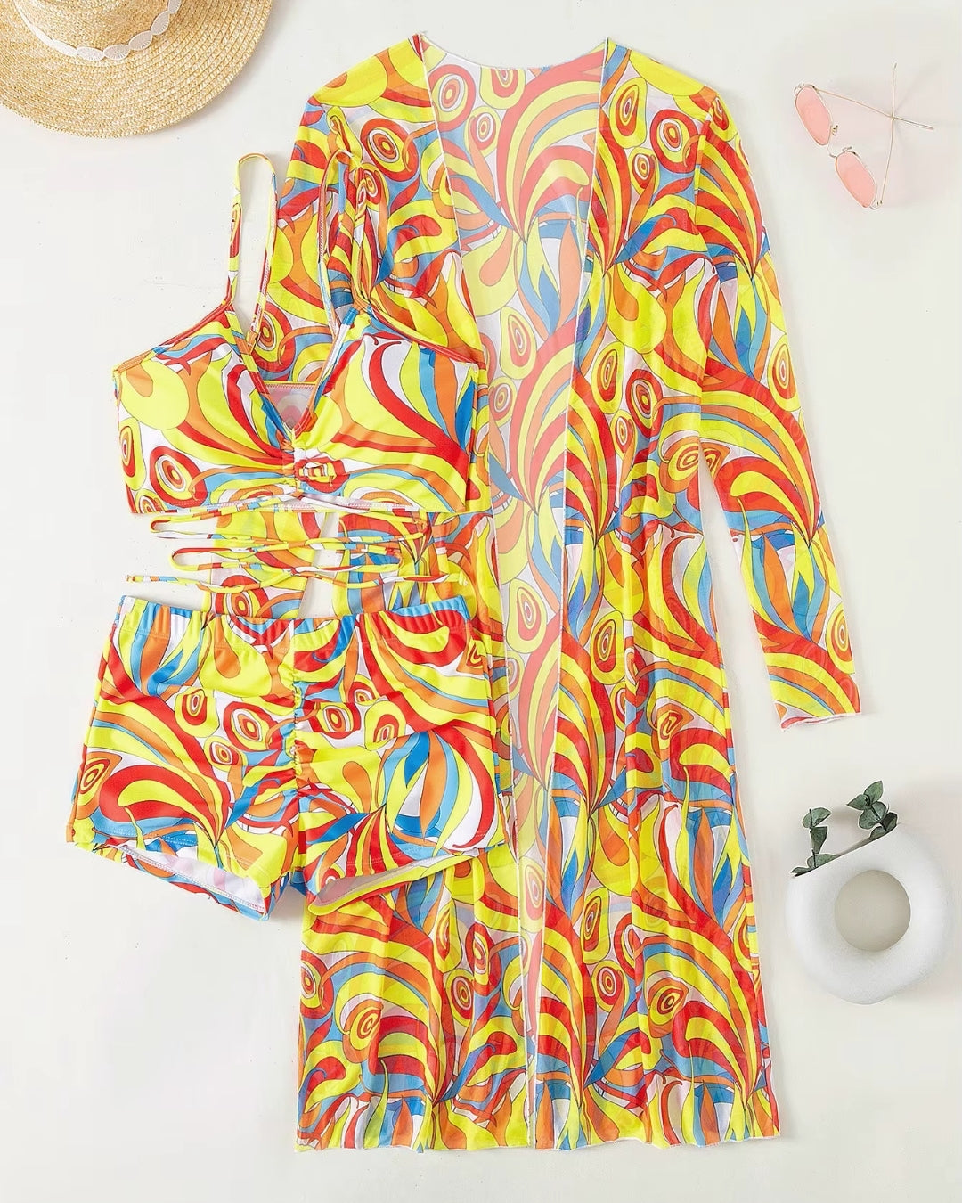 Biquíni + Saída de Praia Estampado Estilo Resort Retrô