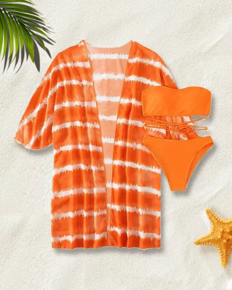 Biquíni + Saída Kimono Estampada Com Top Faixa E Tiras
