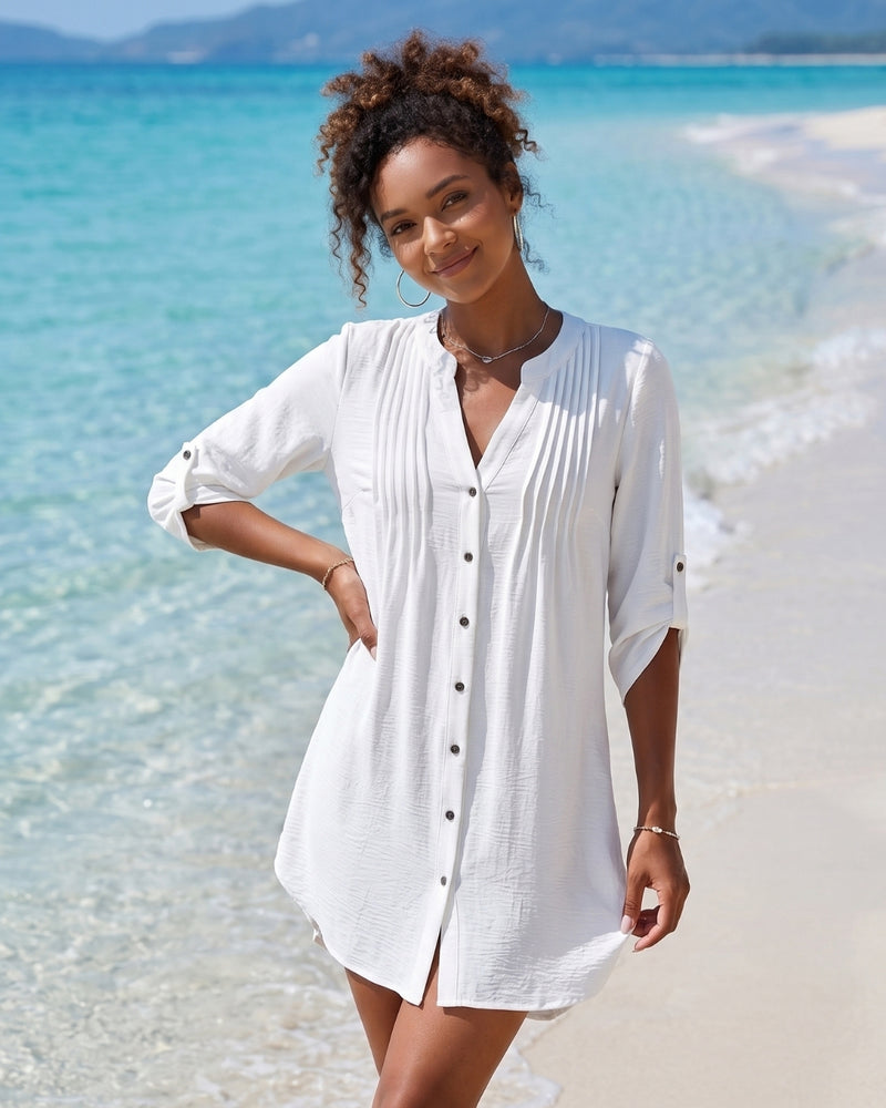 Saída de Praia Chemise Com Botões Manga 3/4 Elegante