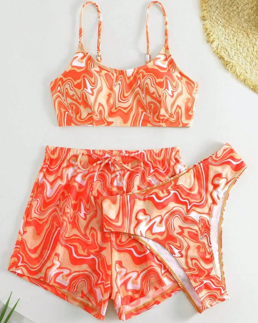 Conjunto Top Faixa E Calcinha + Short  Estampa Abstrata