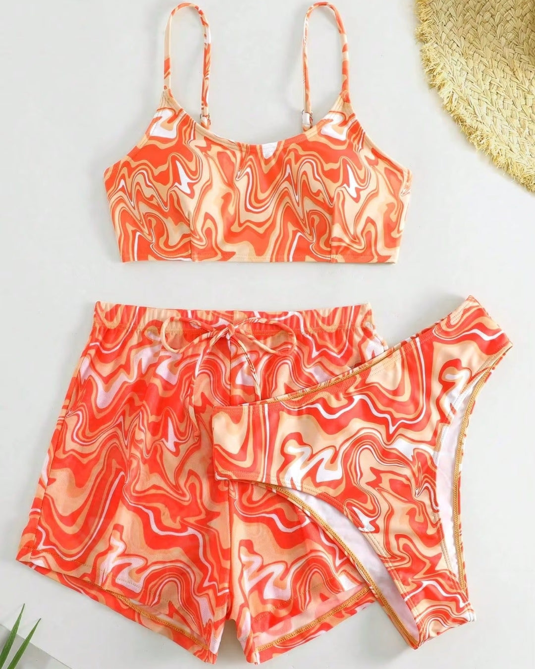 Conjunto Top Faixa E Calcinha + Short  Estampa Abstrata