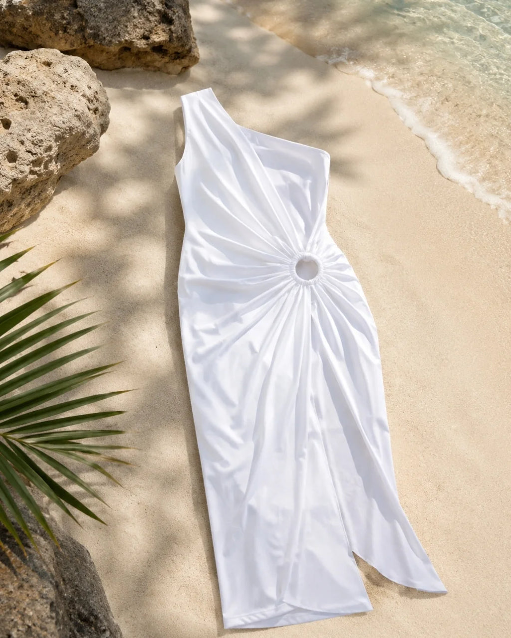 Saída de Praia Vestido Longo Um Ombro Só Com Fenda Lateral