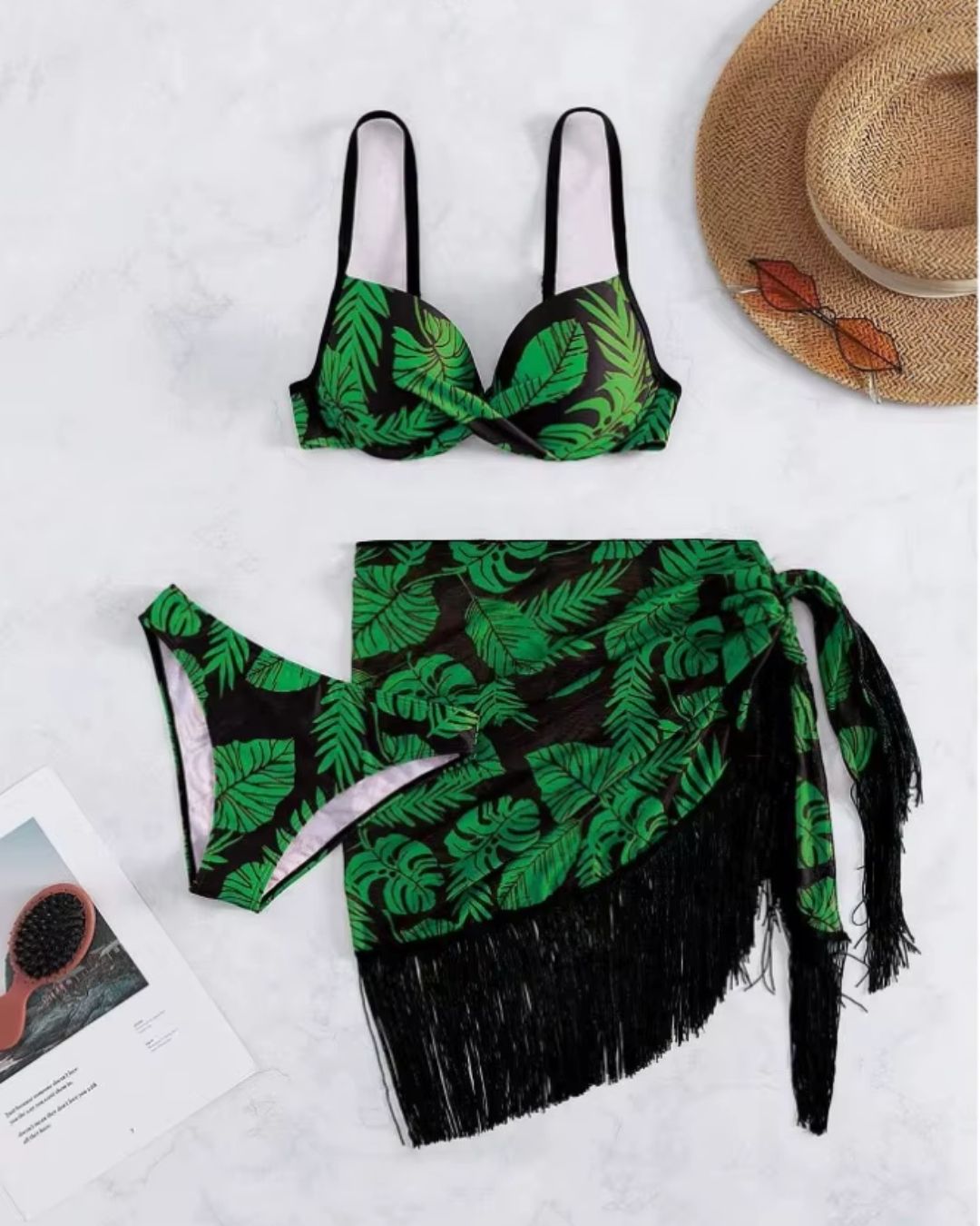 Biquíni Push Up Estampado + Saída Pareô Com Franjas